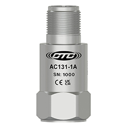 A render of a CTC AC131 stainless steel, standard size, top exit industrial accelerometer